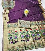 wine zari woven paithani silk blend traditional saree with swarovski blouse piece