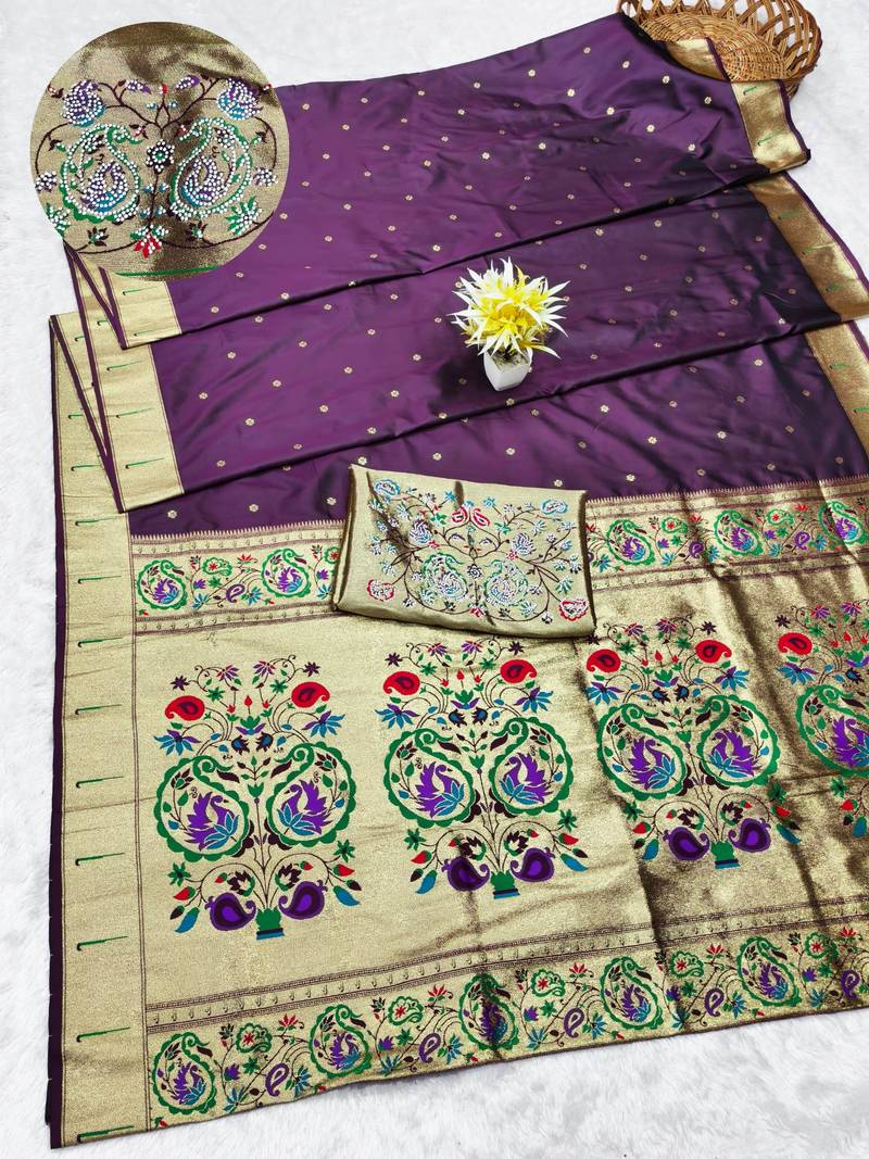 wine zari woven paithani silk blend traditional saree with swarovski blouse piece