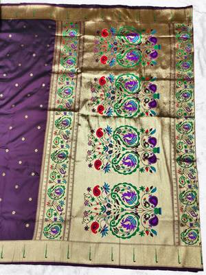 wine zari woven paithani silk blend traditional saree with swarovski blouse piece 2