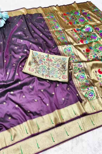 wine zari woven paithani silk blend traditional saree with swarovski blouse piece