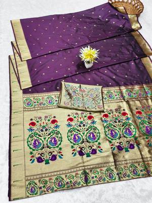 wine zari woven paithani silk blend traditional saree with swarovski blouse piece 5