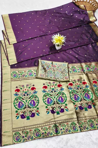 wine zari woven paithani silk blend traditional saree with swarovski blouse piece