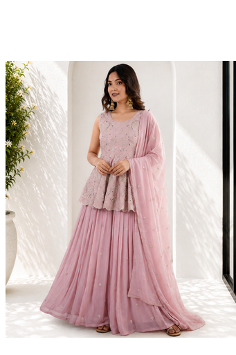 Pink Embroidered Sleeveless Kurta Lehenga and Dupatta set 1