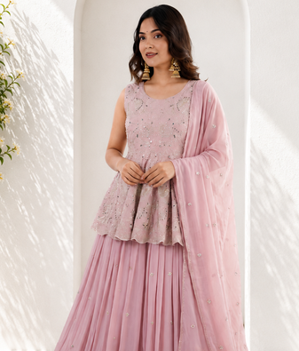 Pink Embroidered Sleeveless Kurta Lehenga and Dupatta set