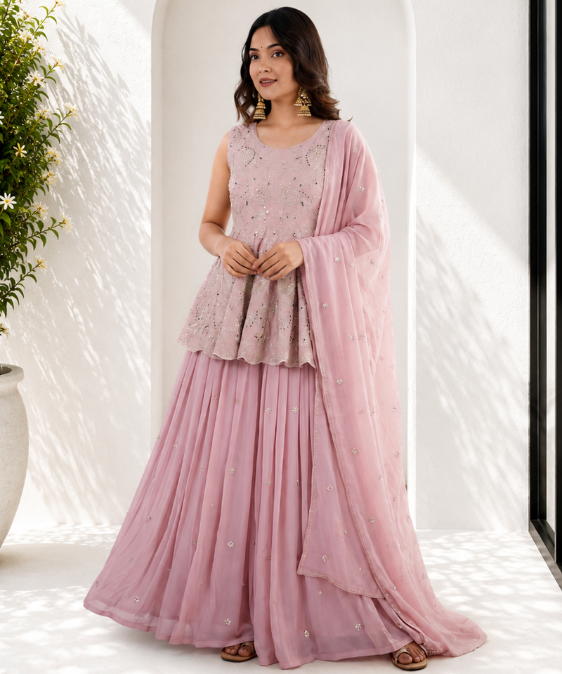 Pink Embroidered Sleeveless Kurta Lehenga and Dupatta set