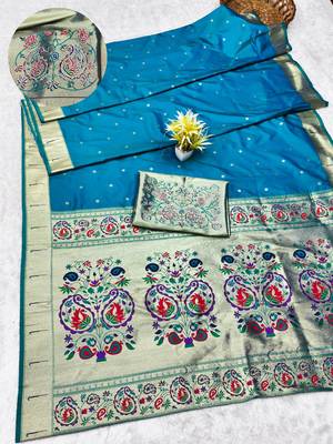 rama zari woven paithani silk blend traditional saree with swarovski blouse piece 1