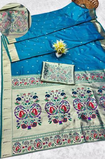 rama zari woven paithani silk blend traditional saree with swarovski blouse piece