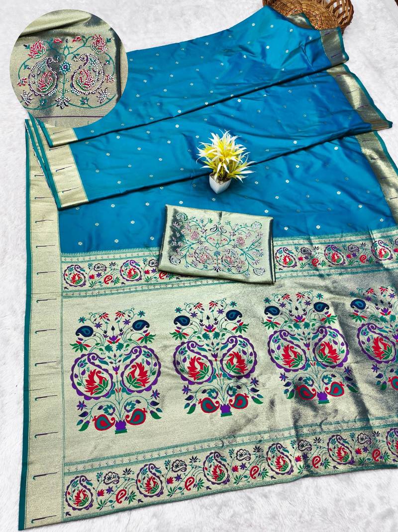 rama zari woven paithani silk blend traditional saree with swarovski blouse piece