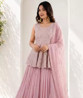 Pink Embroidered Sleeveless Kurta Lehenga and Dupatta set