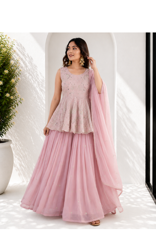 Pink Embroidered Sleeveless Kurta Lehenga and Dupatta set 3