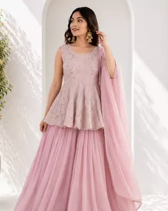 Pink Embroidered Sleeveless Kurta Lehenga and Dupatta set