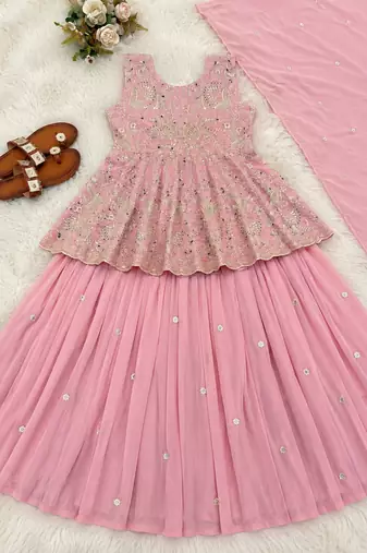 Pink Embroidered Sleeveless Kurta Lehenga and Dupatta set