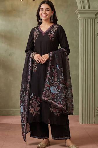 Women Floral Embroidered Regular Thread Work Kurta with Palazzos & With Dupatta