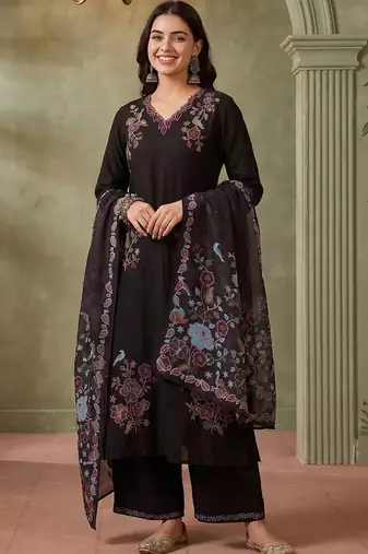 Women Floral Embroidered Regular Thread Work Kurta with Palazzos & With Dupatta