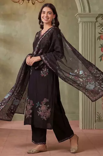 Women Floral Embroidered Regular Thread Work Kurta with Palazzos & With Dupatta