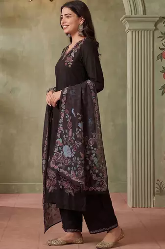 Women Floral Embroidered Regular Thread Work Kurta with Palazzos & With Dupatta