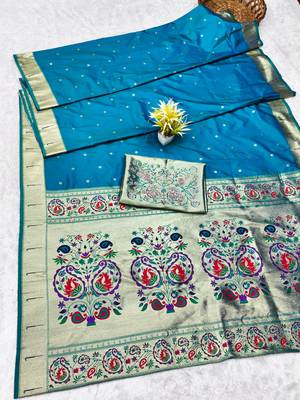 rama zari woven paithani silk blend traditional saree with swarovski blouse piece 5