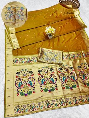 mehendi zari woven paithani silk blend traditional saree with swarovski blouse piece 1