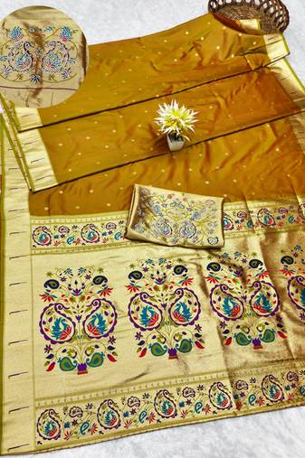 mehendi zari woven paithani silk blend traditional saree with swarovski blouse piece