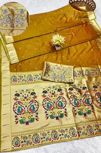 mehendi zari woven paithani silk blend traditional saree with swarovski blouse piece
