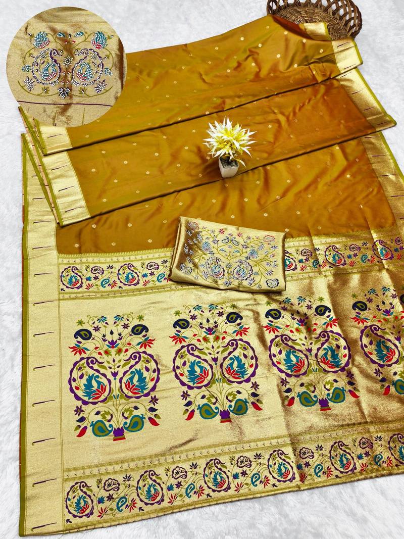 mehendi zari woven paithani silk blend traditional saree with swarovski blouse piece