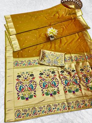 mehendi zari woven paithani silk blend traditional saree with swarovski blouse piece 5
