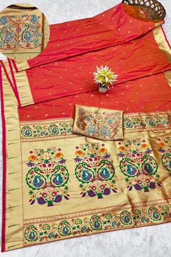 gajri zari woven paithani silk blend traditional saree with swarovski blouse piece
