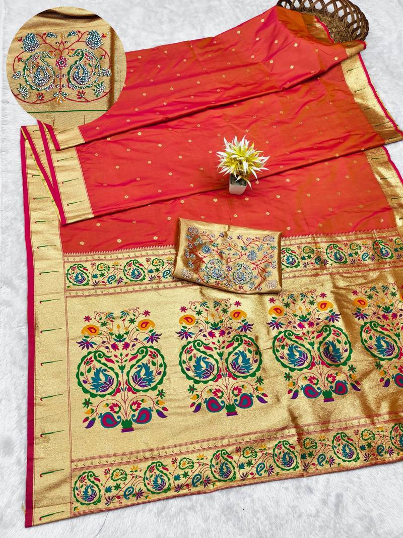 gajri zari woven paithani silk blend traditional saree with swarovski blouse piece