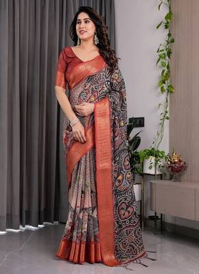 Black Color digital floral prints And Zari Woven Work linen Saree 1