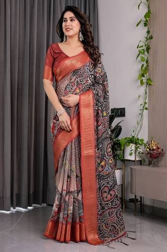 Black digital floral prints And Zari Woven Work linen Saree
