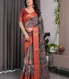 Black Color digital floral prints And Zari Woven Work linen Saree