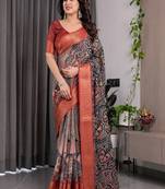 Black Color digital floral prints And Zari Woven Work linen Saree