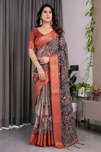 Black Color digital floral prints And Zari Woven Work linen Saree