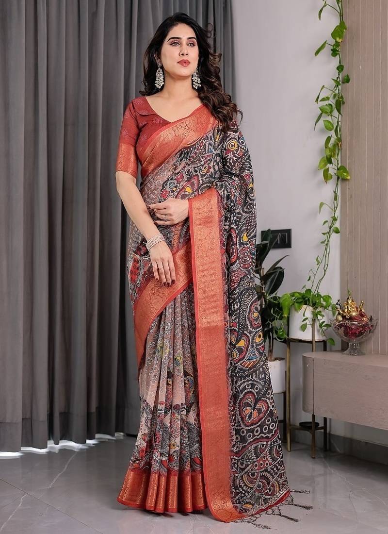 Black Color digital floral prints And Zari Woven Work linen Saree