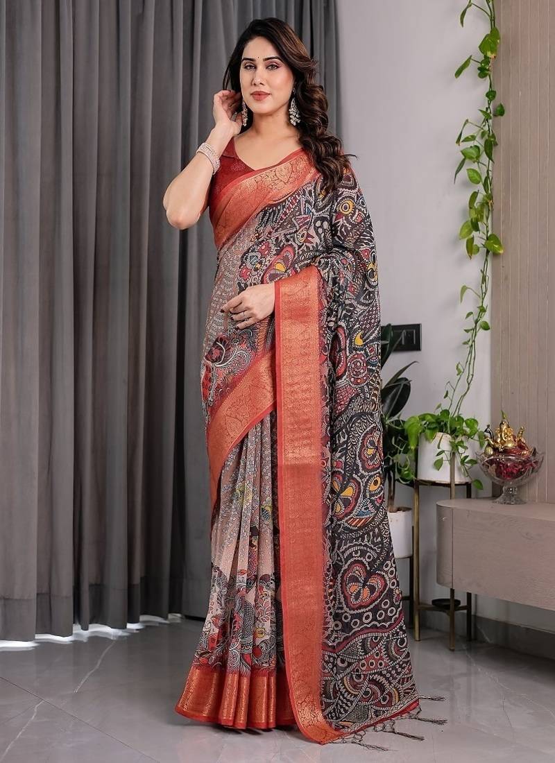 Black Color digital floral prints And Zari Woven Work linen Saree