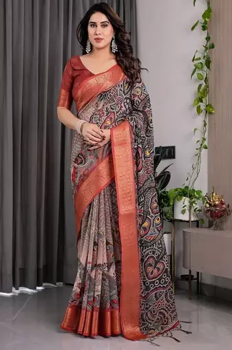 Black Color digital floral prints And Zari Woven Work linen Saree