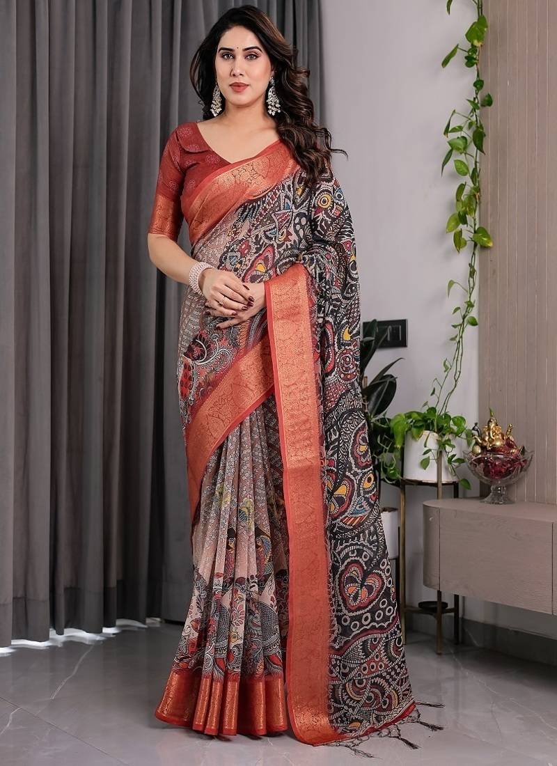 Black Color digital floral prints And Zari Woven Work linen Saree