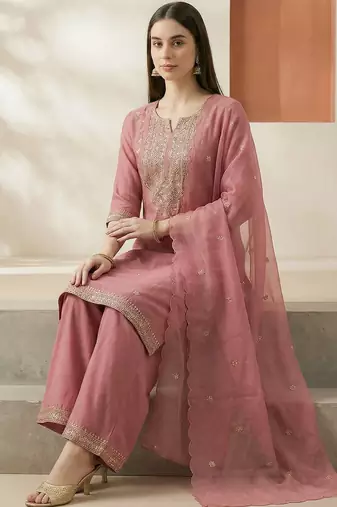 Women Ethnic Motifs Embroidered Regular Thread Work Kurta with Palazzos & With Dupatta