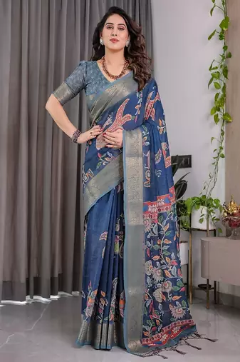 Blue Color digital floral prints And Zari Woven Work linen Saree