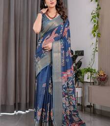 Blue Color digital floral prints And Zari Woven Work linen Saree