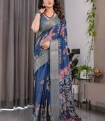 Blue Color digital floral prints And Zari Woven Work linen Saree