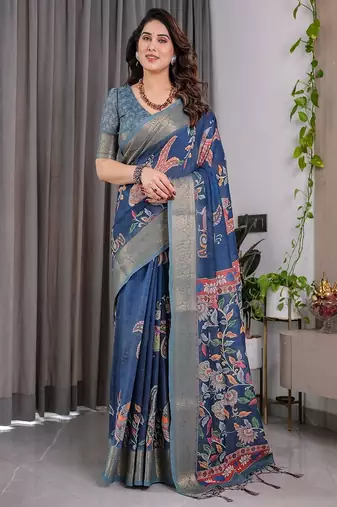 Blue Color digital floral prints And Zari Woven Work linen Saree