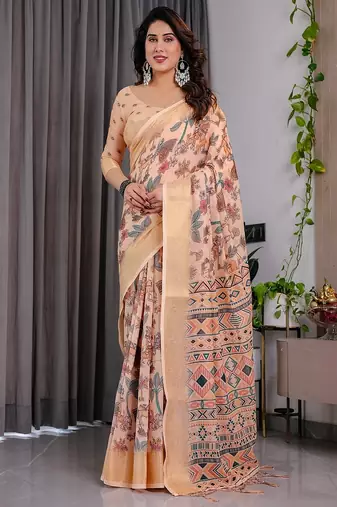 Cream Color digital floral prints And Zari Woven Work linen Saree