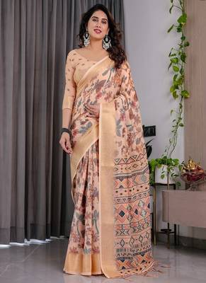 Cream Color digital floral prints And Zari Woven Work linen Saree 1