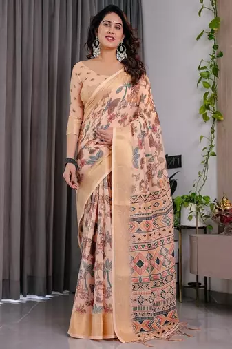 Cream Color digital floral prints And Zari Woven Work linen Saree