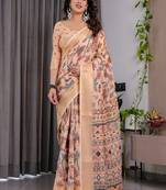 Cream Color digital floral prints And Zari Woven Work linen Saree