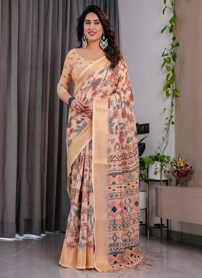 Cream Color digital floral prints And Zari Woven Work linen Saree 4