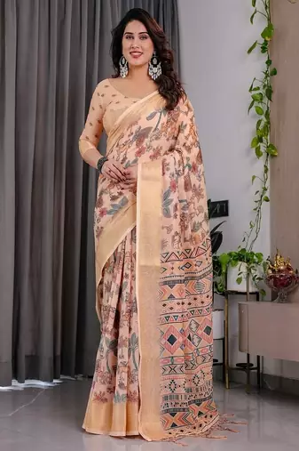 Cream Color digital floral prints And Zari Woven Work linen Saree