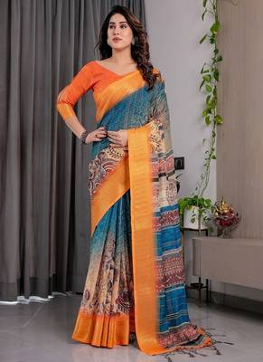 Mustrad Color digital floral prints And Zari Woven Work linen Saree 3
