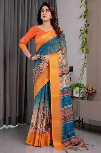 Mustrad Color digital floral prints And Zari Woven Work linen Saree